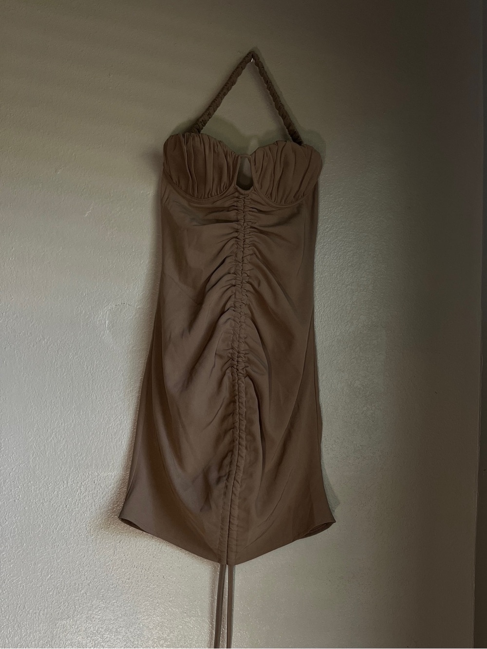 PrettyLittleThing Taupe Ruched Halter Mini Dress